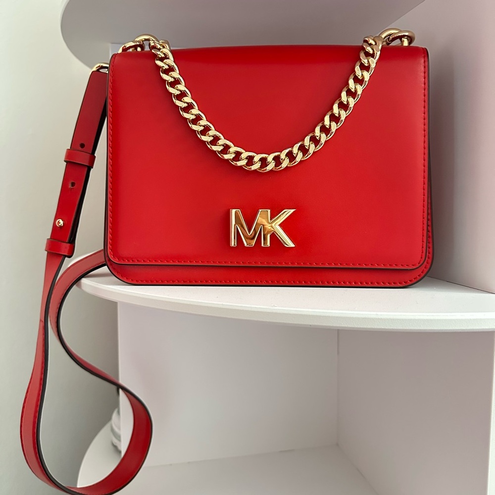 Michael Kors Red and Gold Crossbody Bag with Chain Strap